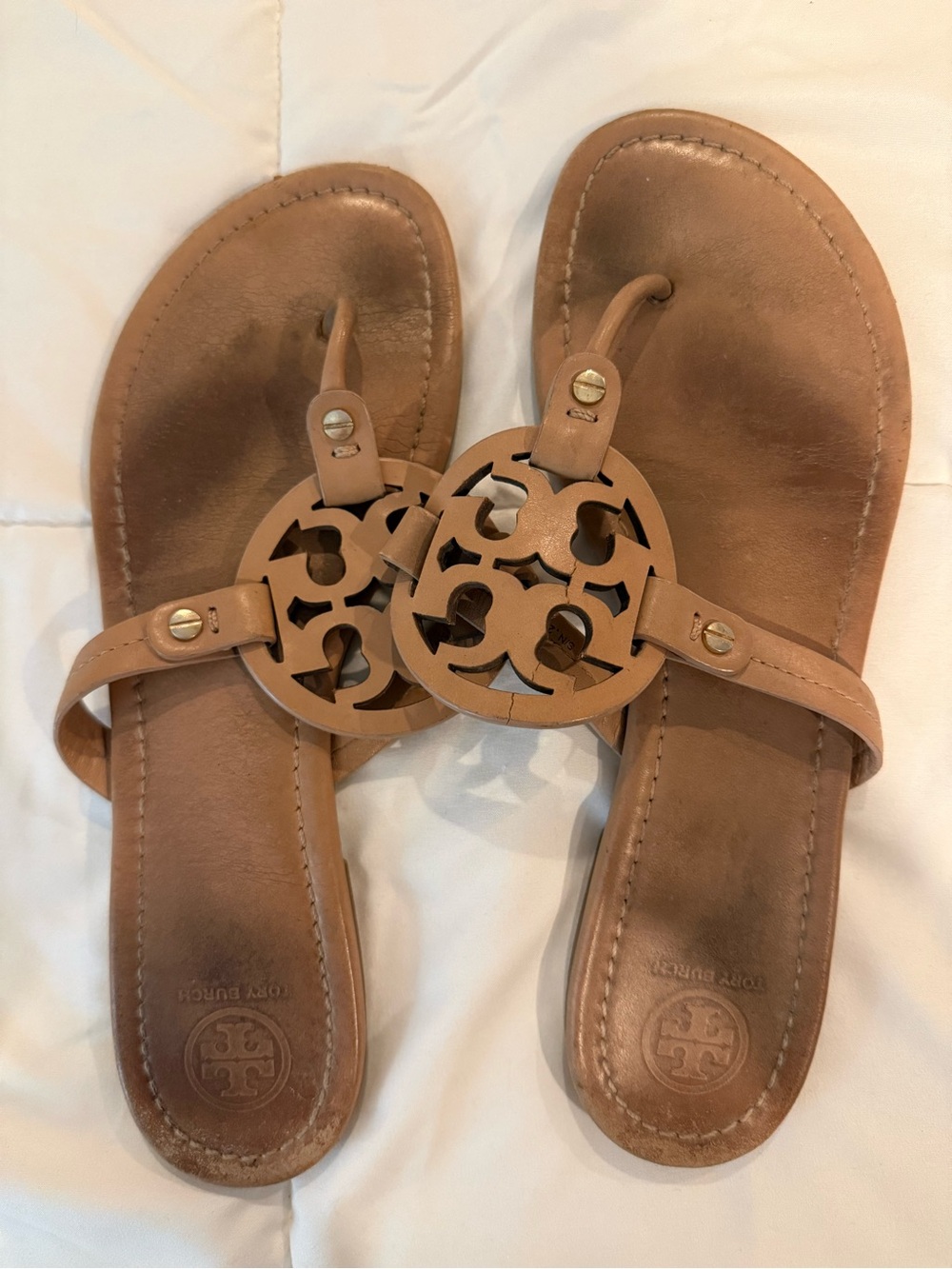 Tory Burch Tan Leather Logo Thong Sandals